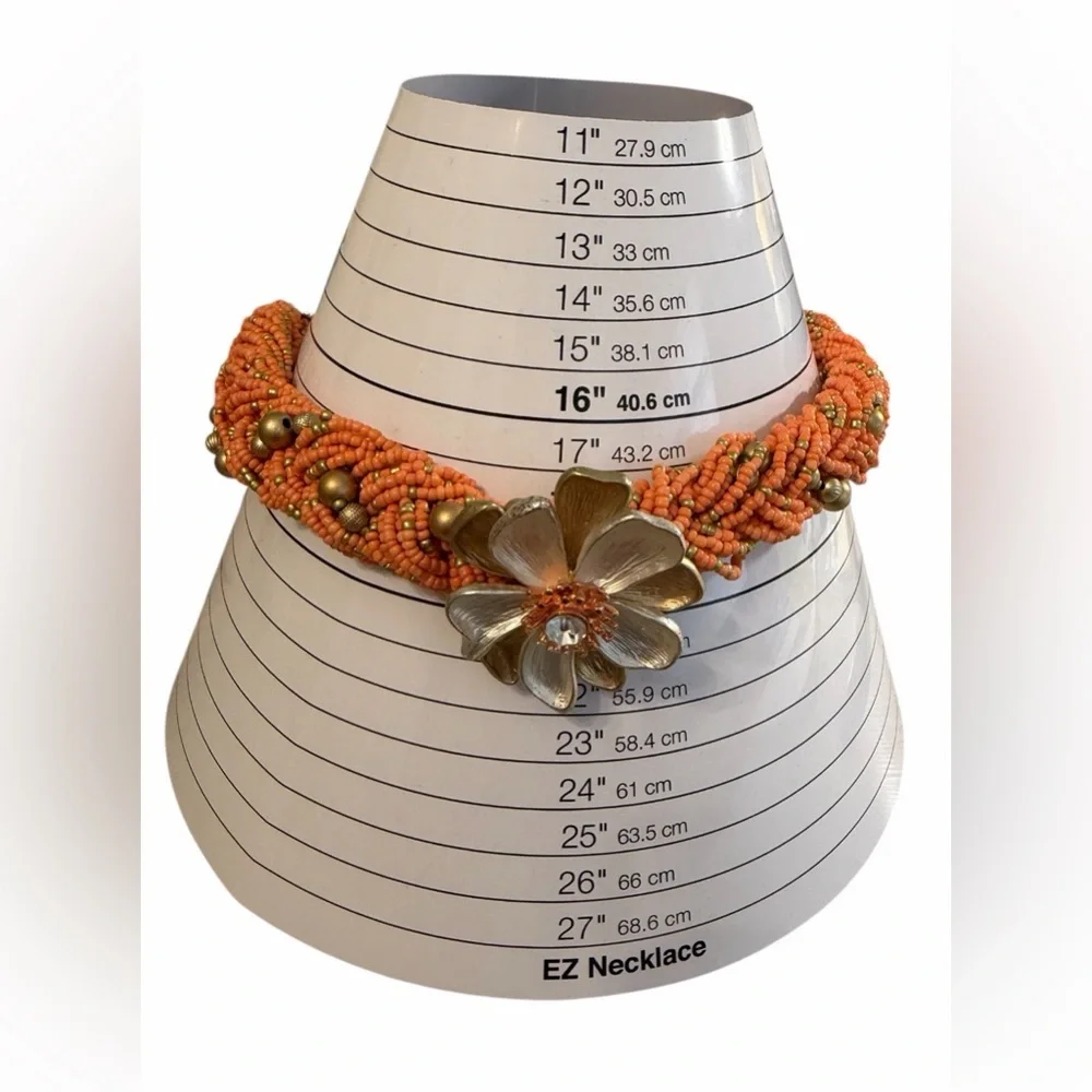 #764 Orange Beaded Statement Flower Necklace | Signed ✴️ Chunky Funky‎ & Bold ✴️